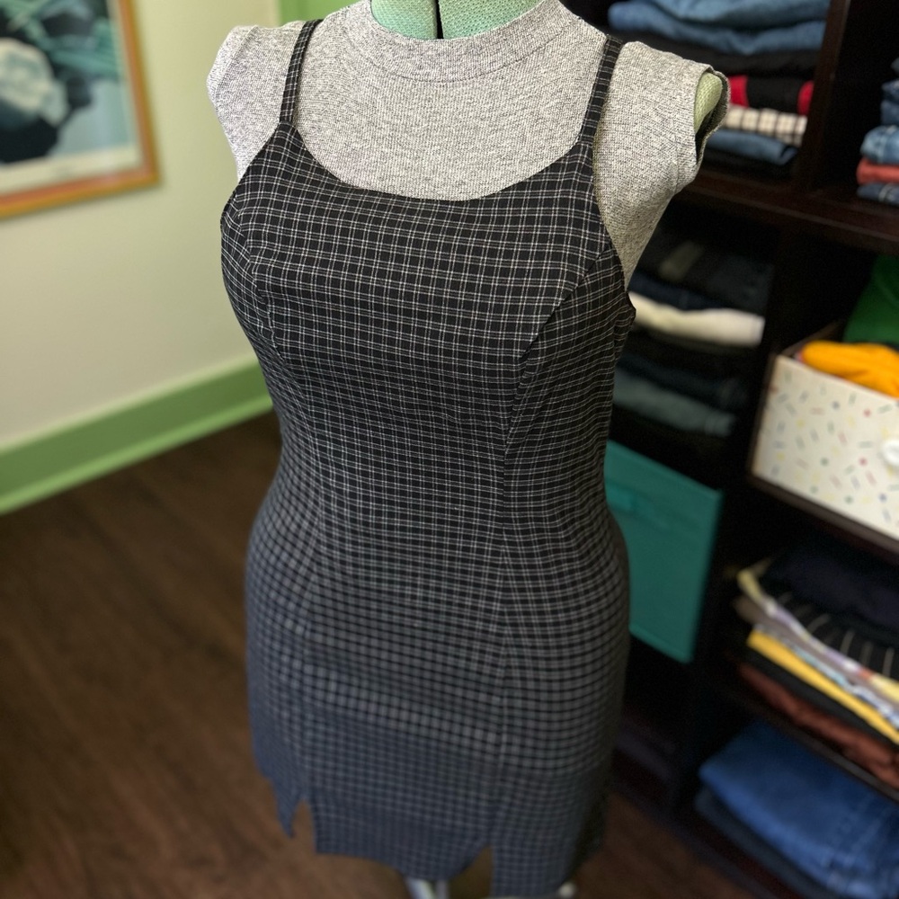 California Concepts Vintage 90s Plaid Fitted Body con Spaghetti strap Mini Dress